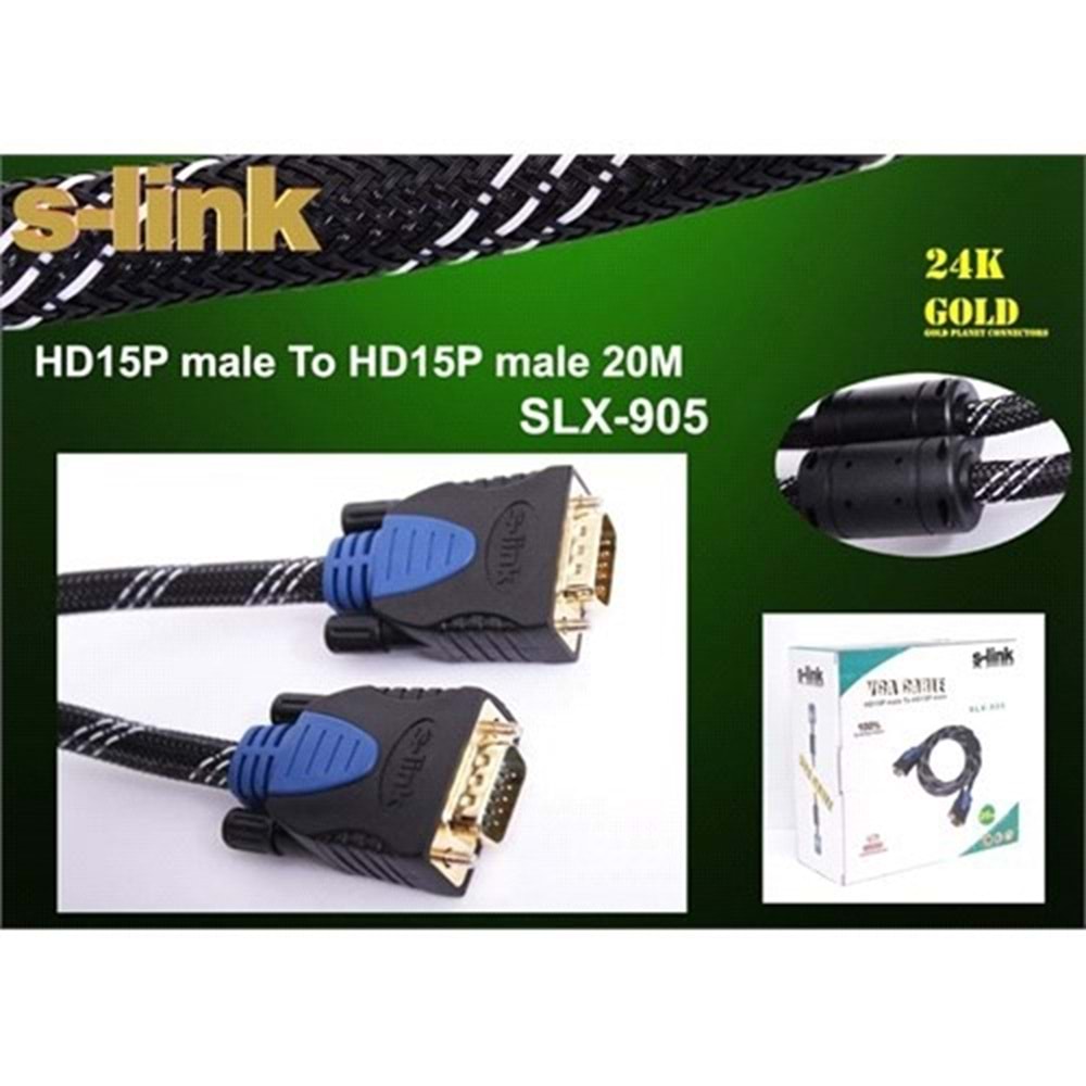 S-link SLX-905 VGA M/M 15P 20m Gold Monitör Kablosu