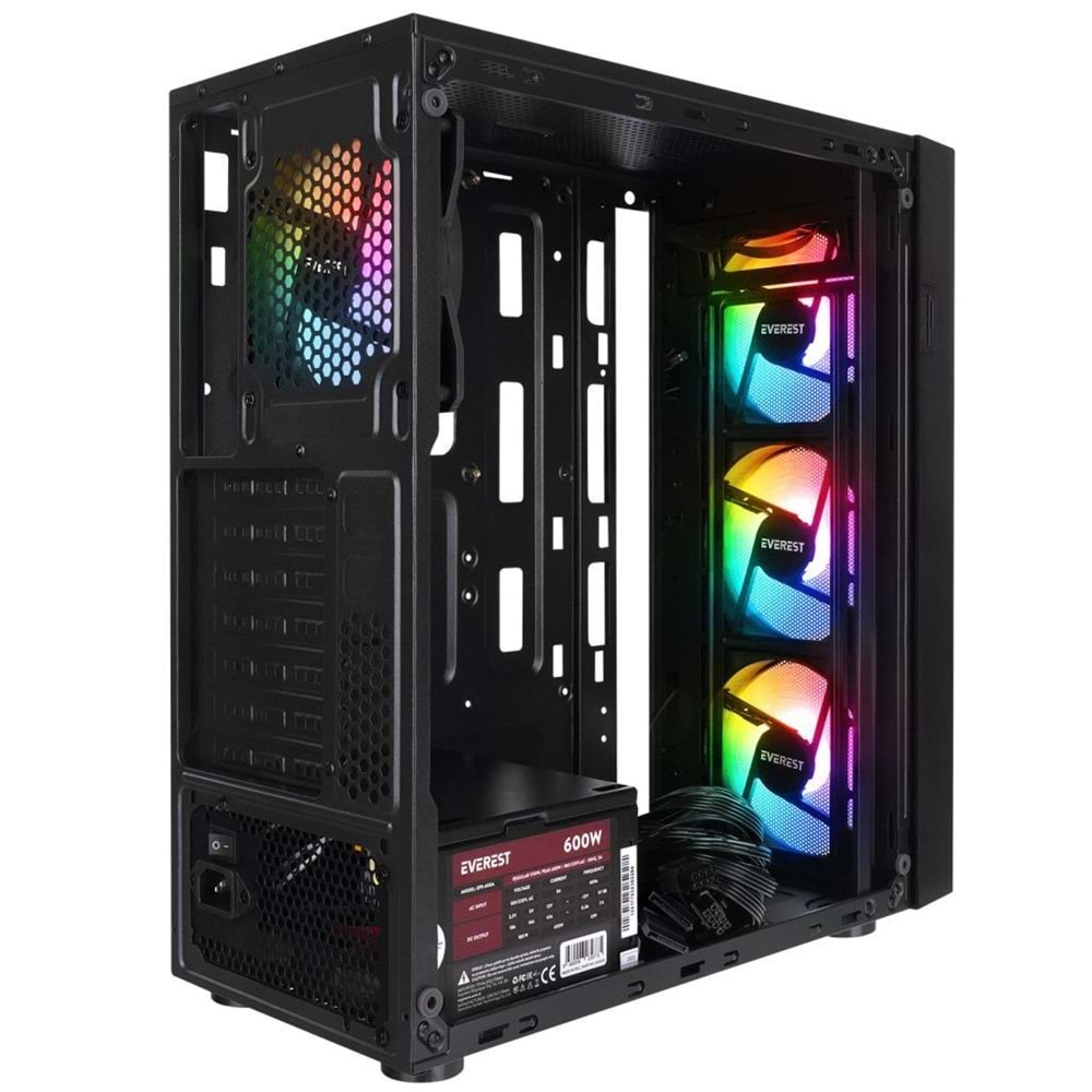 Everest FACED V5 Mesh 600W Temperli Camlı 4x12cm Sabit Rainbow Fanlı ATX Mid-T Gaming Oyuncu Kasası (OUTLET)