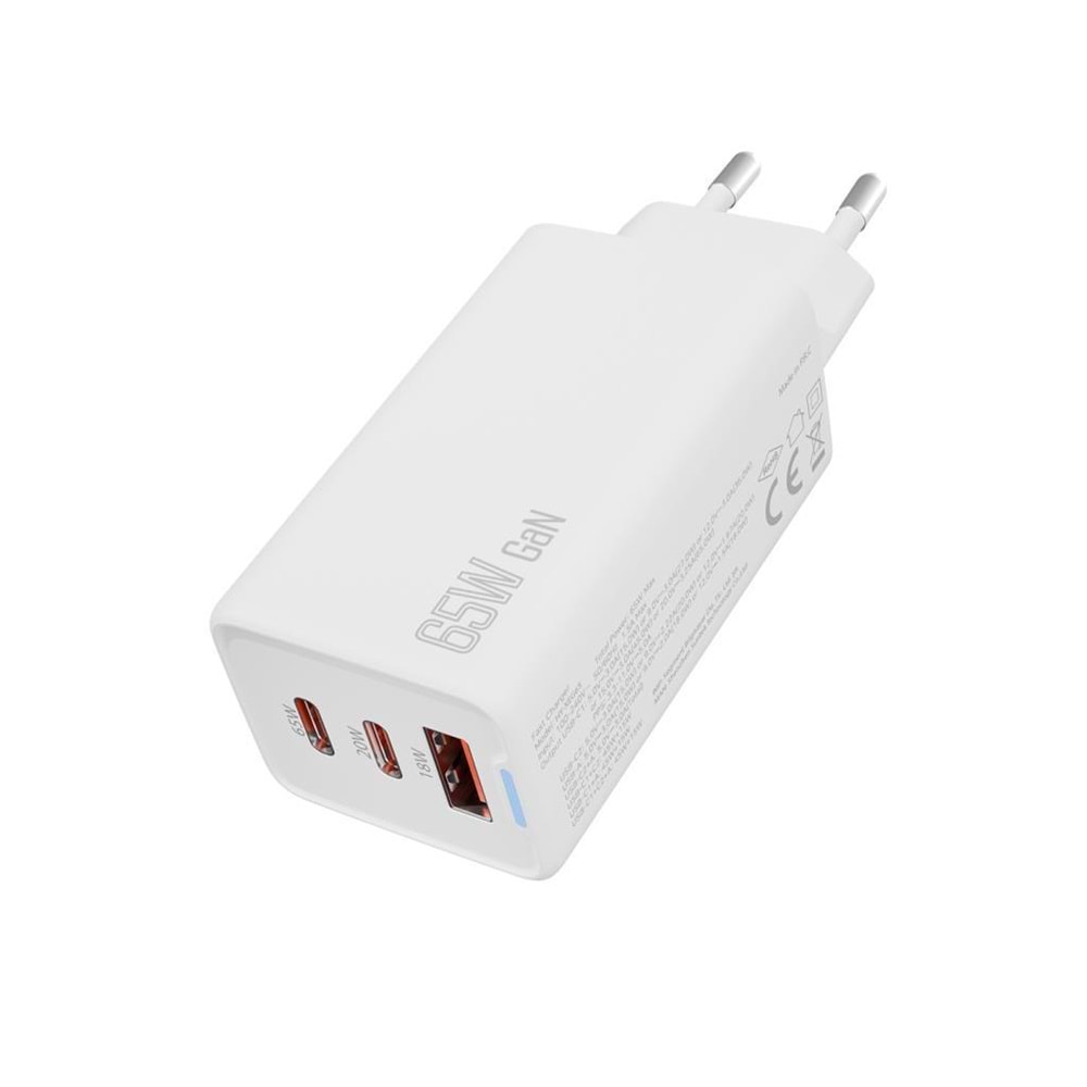 S-link SL-ECG65 2*USB-C + USB-A GAN PD 65W / QC 18W Type GAN PD/PPS Beyaz EV/NOTEBOOK Şarj Adaptör