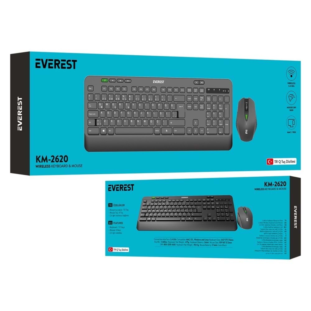 Everest KM-2620 Siyah Usb Sessiz Switch İnce Kablosuz Q Multimedia Klavye + Mouse Set