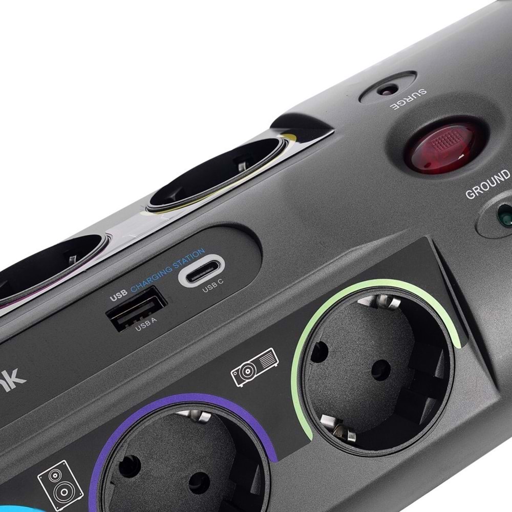 S-link PRZ01 PrizHive 3M 1860 Joule 1.5mm 1 Usb 1 TypeC 2.1A/5V 16A 250V 3680W 10lu Akım Korumalı Priz