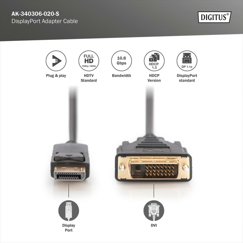 Digitus AK-340306-020-S Rev.2 2 Metre Display Port DVI Kablosu, DP Erkek DVI Kablo