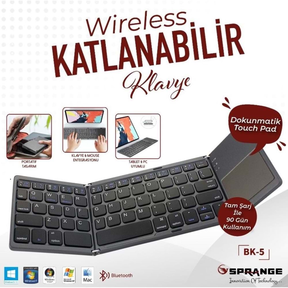 Sprange BK-5 TV, Tablet, PC Uyumlu Kablosuz Bluetooth TouchPad'li Şarj Edilebilir Katlanabilir Kalvye