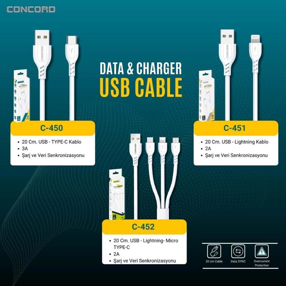 Concord C-452 3 IN 1 Telefon Şarj Kablosu 20cm 5V 3A (Lightning, Type C, Micro USB)