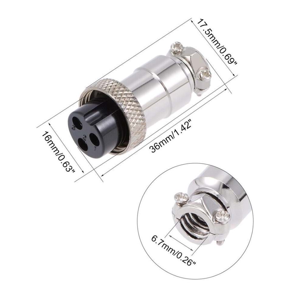 NBTech NB-3P UPTECH 3 Pin Mini Mikrofon Dişi Konnektör, 16mm 3P 7A 250V GX16-3 Su Geçirmez Dişi Tel Panel