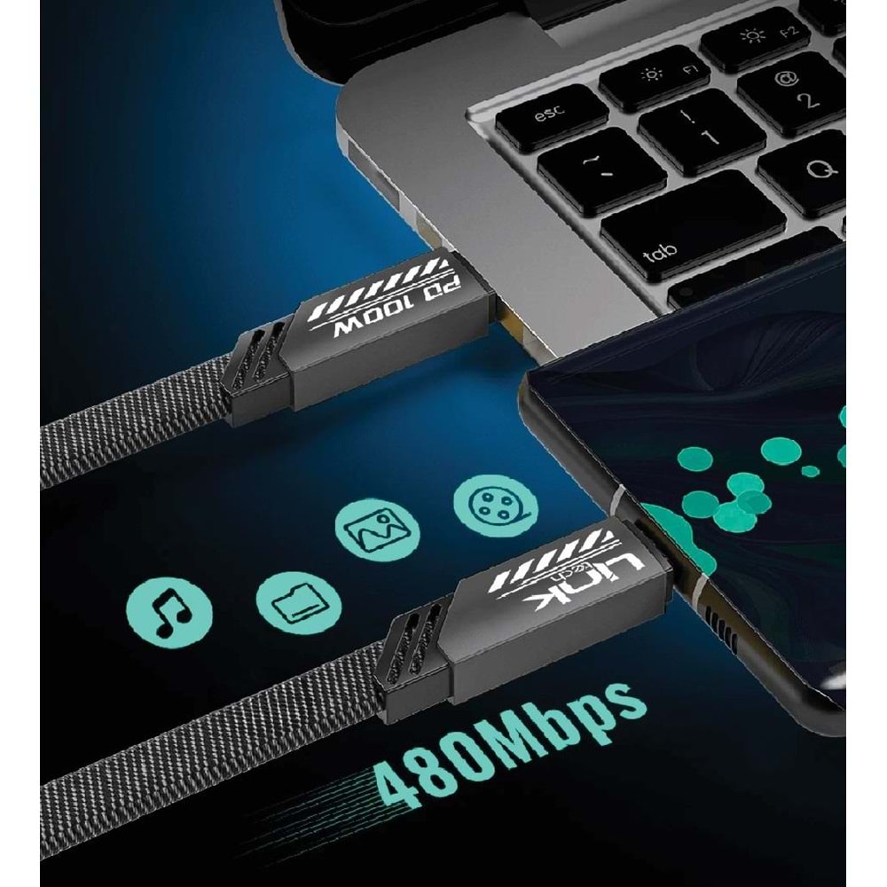 LinkTech K472 Gri Mecha Stil 1.2 Metre 100W Type C to Type C PD Hızlı Şarj Kablosu