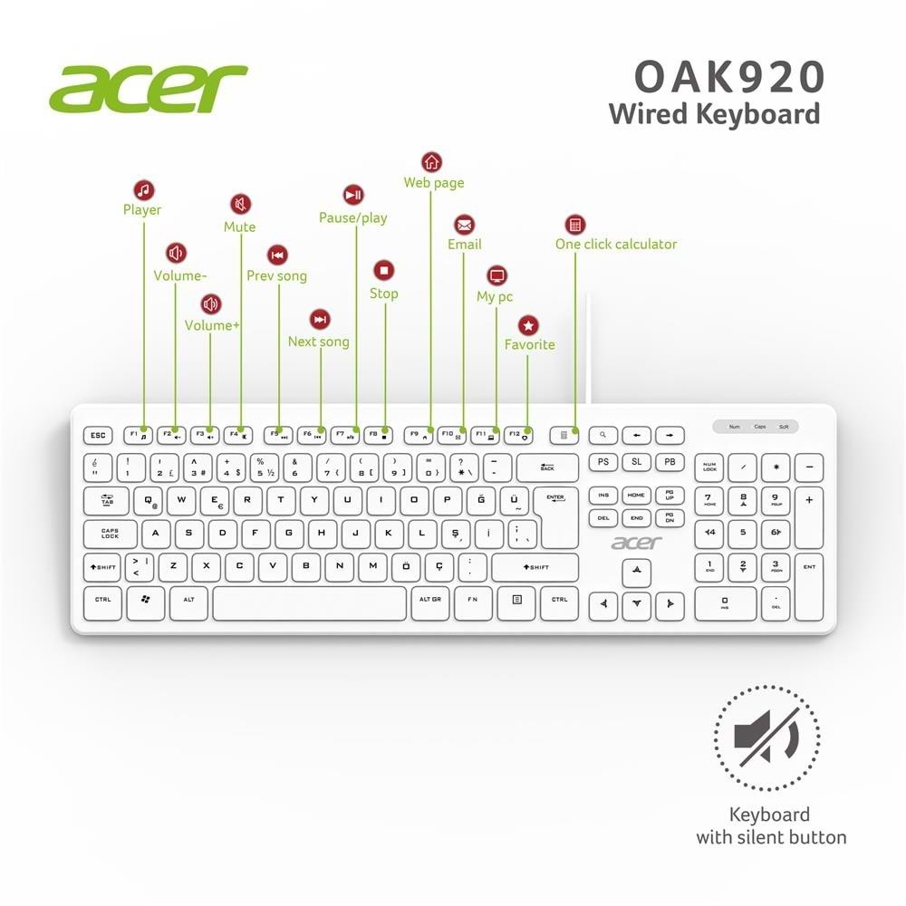 Acer OAK920 1.8 Metre Kablolu Beyaz Klavye Multimedya