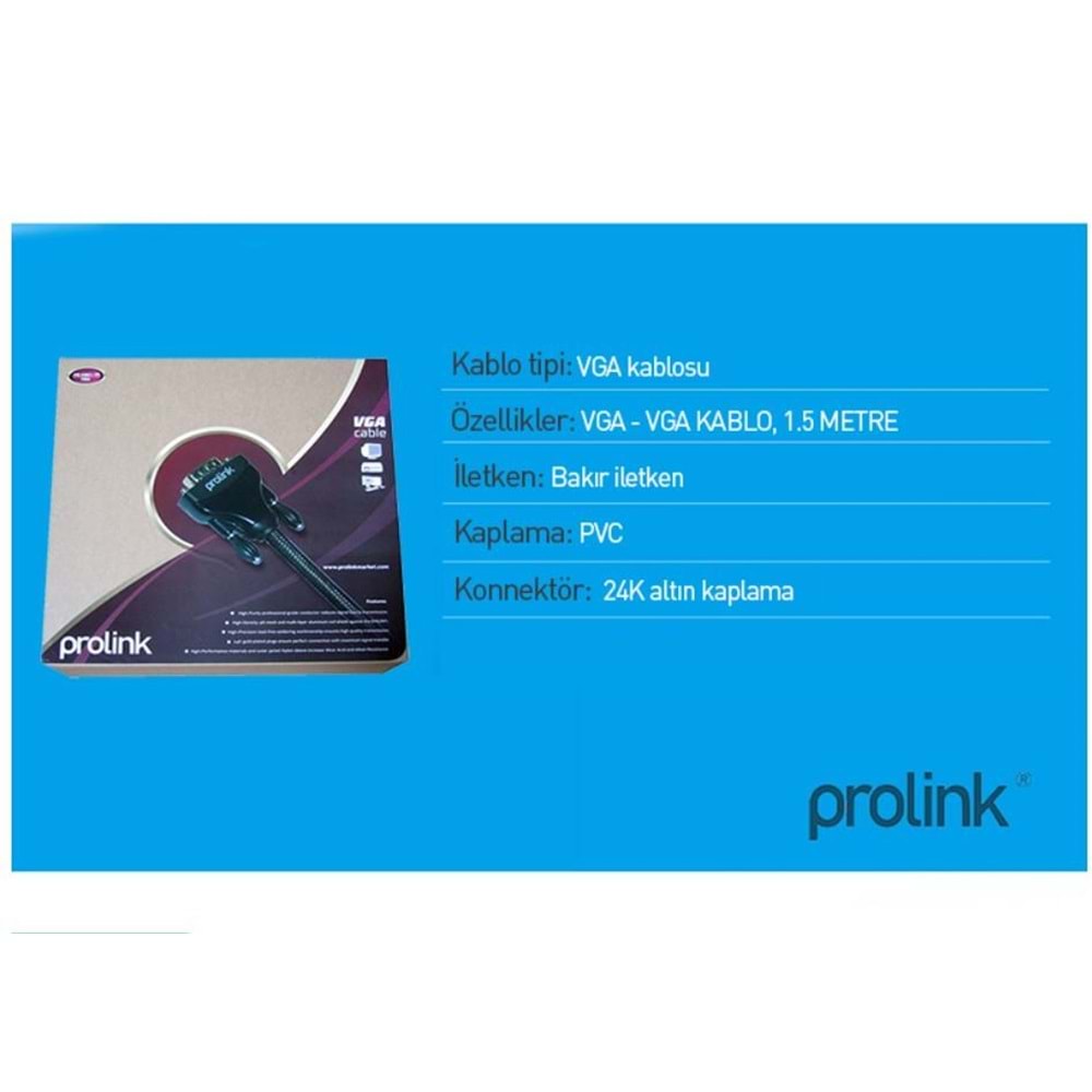 NBTech Prolink PR-V001 1.5 Metre Vga Kablo, EMI Filtreli Altın UÇ Örgülü VGA Kablo