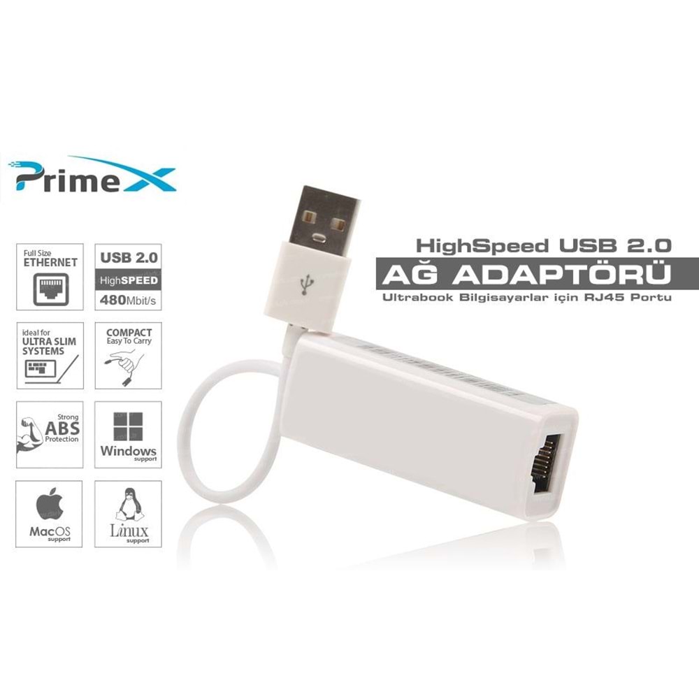 PrimeX PX-2120 Usb 2.0 To RJ45 Ethernet Çevirici (Win10 Tak Çalıştır)