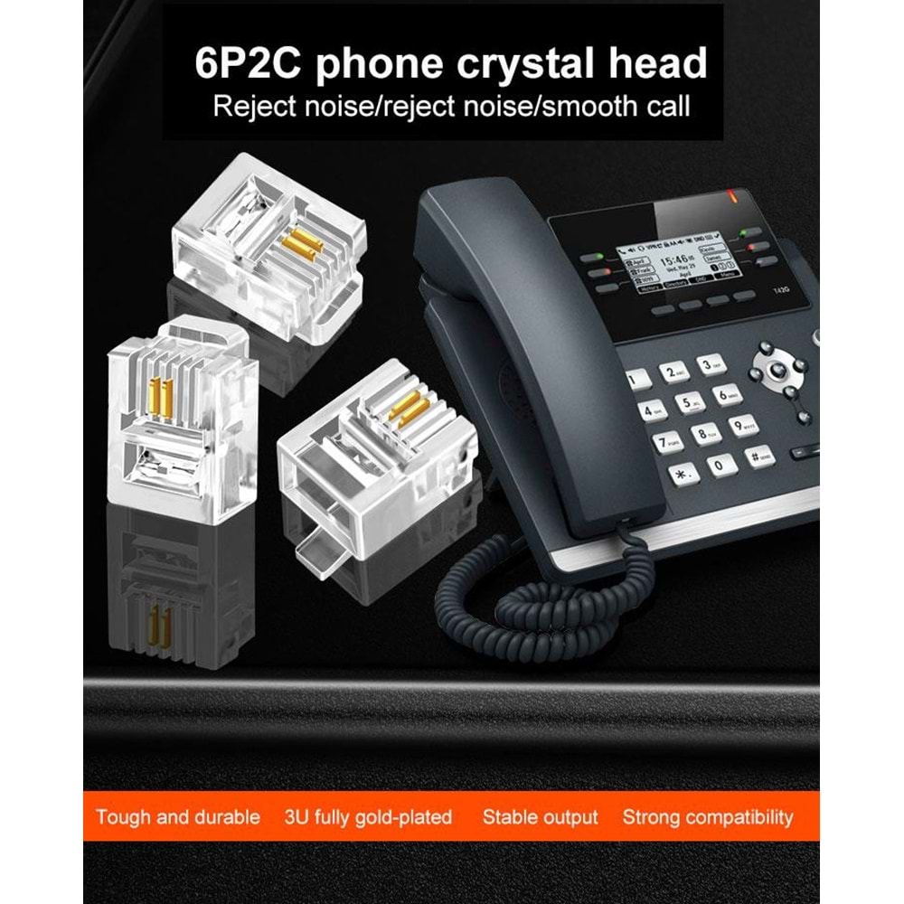 NBTech NB-6P2C RJ11 2 pinli konnektör, RJ11 Jack, 6P2C Jack, RJ11 Telefon Kablo Ucu 100 lü Paket