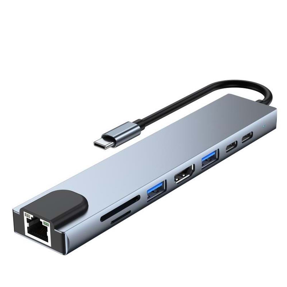NBTech NB-U520 4K@30Hz Gri Metal Type-C to 4K HDMI+USB 3.0+RJ45+SD Kart şarj Çevirici Adaptör