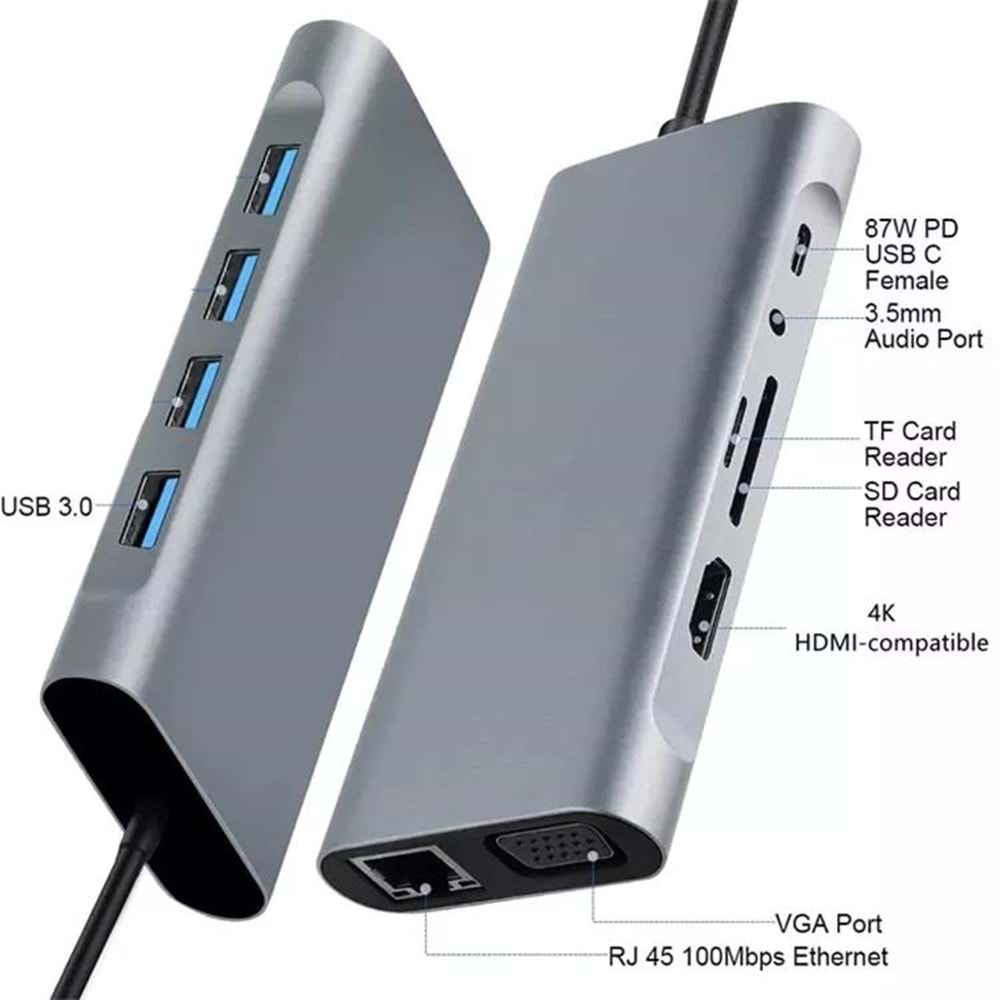 NBTech NB-U525 11 in 1 Macbook, Ultrabook Type C Docking, Type C to 4K@30Hz Gri Metal PD Charge, HDMI, VGA, Audio SD/TF Card, USB3.0, RJ45 Type C Adaptör