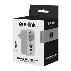 S-link SL-011 16A/250V 750 Joule 2 Usb 1 Type C 5V2.4A Isıya Duyarlı Devre ve Akım Korumalı Tekli Priz