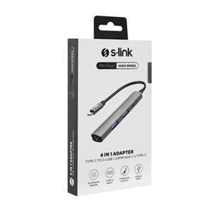 S-link SWV-USBC024 4 in 1 Gri Metal TypeC to 2*USB2.0 USB-C, 3.5mm Aux Port Type C Adaptör