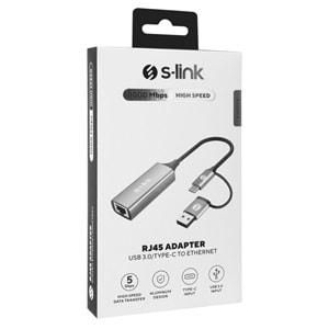 S-link SWV-USBC029 Gri Metal Type-C + USB3.0 Çeviricili 10/100/1000Mbps Adaptör, USB3.0 Ethernet Çevirici, Type C Ethernet Çevirici
