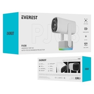 Everest PJ08 Beyaz 5200mAh Otomatik Odaklama 720P HD 4K Destekli 5200 Lümen Android 11 Ekran Yansıtmalı Rainbow HD Proje