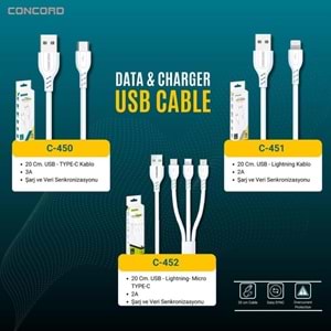 Concord C-452 3 IN 1 Telefon Şarj Kablosu 20cm 5V 3A (Lightning, Type C, Micro USB)