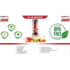 PrimeX MPIA MP-BL12 126W 2000mAH Şarjlı Cam Blender, Sporcu Taşınabilir Şarjlı Blender, Buz Kırma ve Meyve Parçalayıcı Çelik Bıçak Blender, (Taşıma Kapağı Dahil)