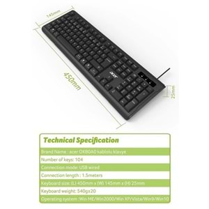 Acer OAK-0A0 Siyah Kablolu Sessiz Tuşlu Türkçe Q Klavye