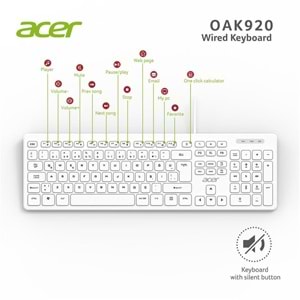 Acer OAK920 1.8 Metre Kablolu Beyaz Klavye Multimedya