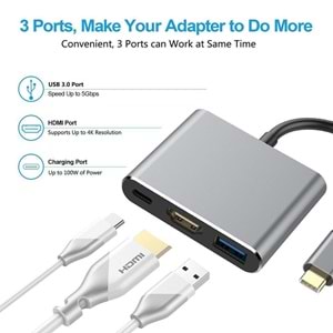 NBTech NB-U515 Gri Metal Type-C to 4K HDMI + USB 3.0 Çevirici Adaptör