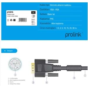 NBTech Prolink TPB002-1500 15 Metre Vga Kablo Filtreli, Vga to Vga Kablo Altın Uçlu