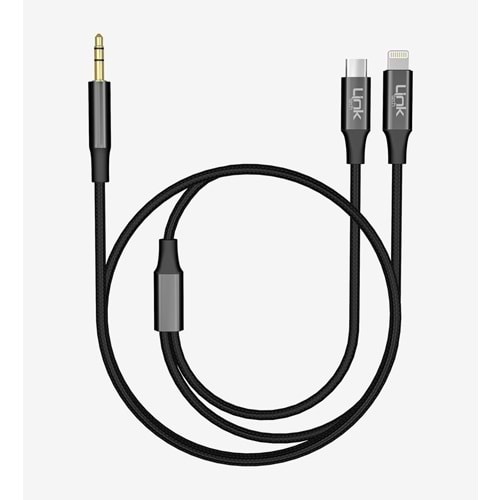 LinkTech A204 2'si 1 Arada AUX Ses Kablosu Type-C ve Lightning'ten 3.5mm Çıkış Çevirici Kablo