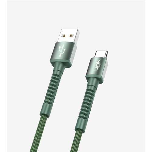 LinkTech K552 Yeşil 1 Metre 3A Örgülü Metal Başlı USB Type C Şarj Kablosu
