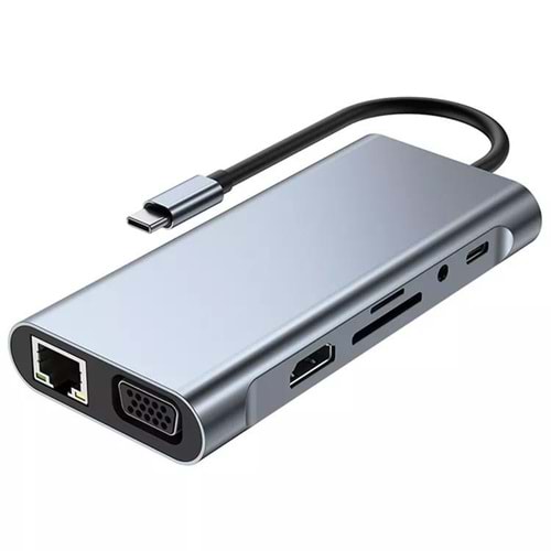 NBTech NB-U525 11 in 1 Macbook, Ultrabook Type C Docking, Type C to 4K@30Hz Gri Metal PD Charge, HDMI, VGA, Audio SD/TF Card, USB3.0, RJ45 Type C Adaptör