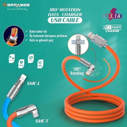 Sprange SMC-T Type C 1 Metre 3.1A TypeC Hızlı Şarj Kablosu, 180 Derece Oynar Başlıklı Kalın Dayanıklı Şarj Kablosu