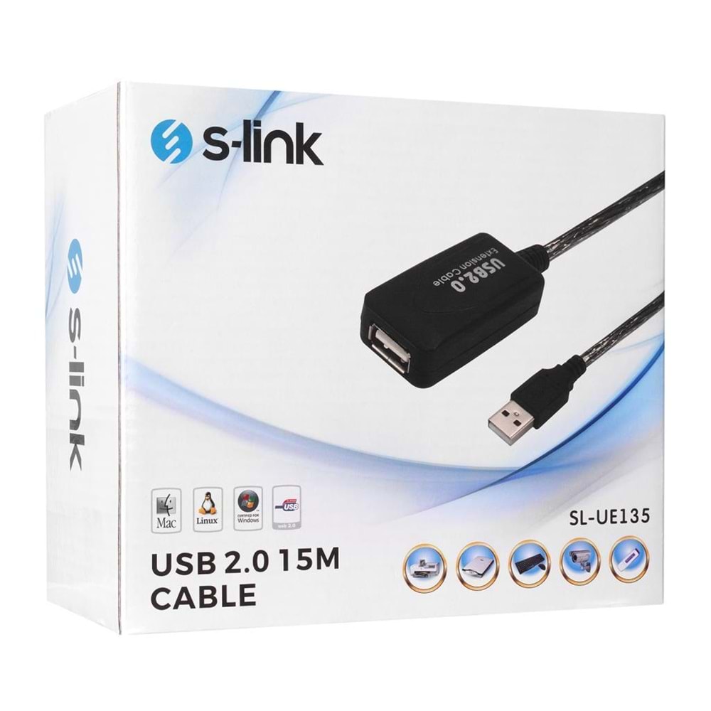 S-link SL-UE135 Usb2.0 15m Şeffaf Uzatma Kablo