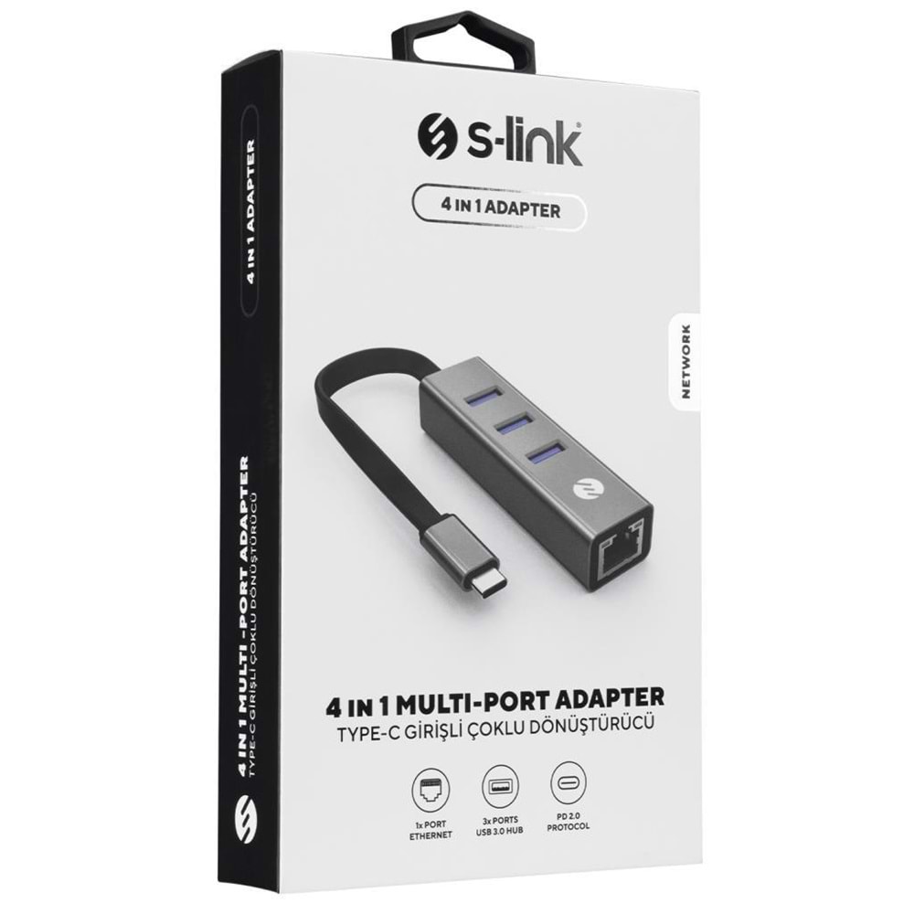 S-link Swapp SW-U3325 4 in 1 Gigabit 1000Mphs 3 Port USB 3.0 Ethernet Type C Hub Adaptör