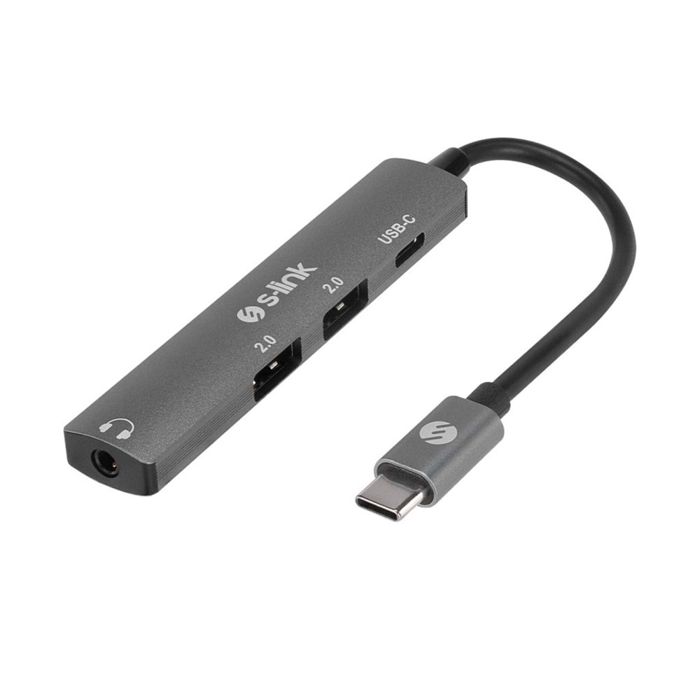 S-link SWV-USBC024 4 in 1 Gri Metal TypeC to 2*USB2.0 USB-C, 3.5mm Aux Port Type C Adaptör