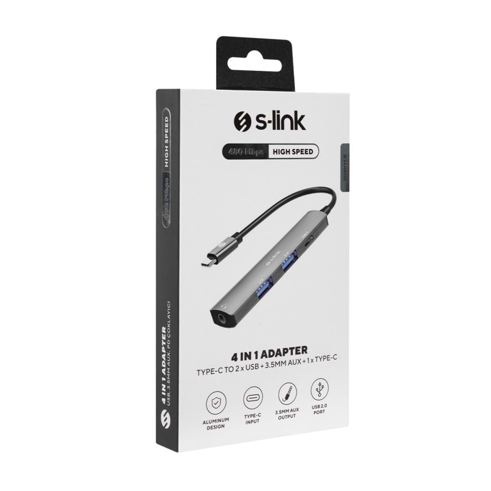 S-link SWV-USBC024 4 in 1 Gri Metal TypeC to 2*USB2.0 USB-C, 3.5mm Aux Port Type C Adaptör