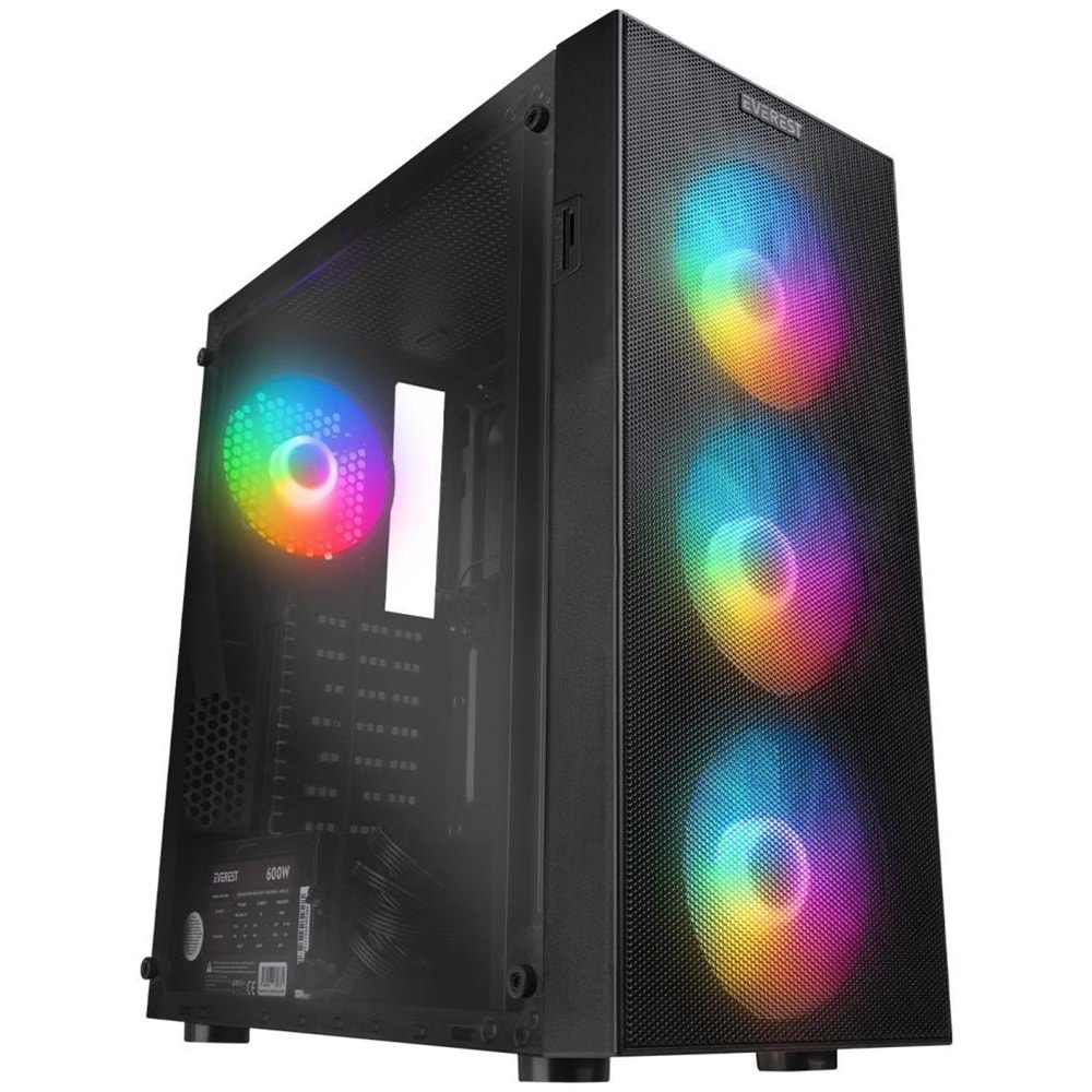 Everest FACED V5 Mesh 600W Temperli Camlı 4x12cm Sabit Rainbow Fanlı ATX Mid-T Gaming Oyuncu Kasası (OUTLET)
