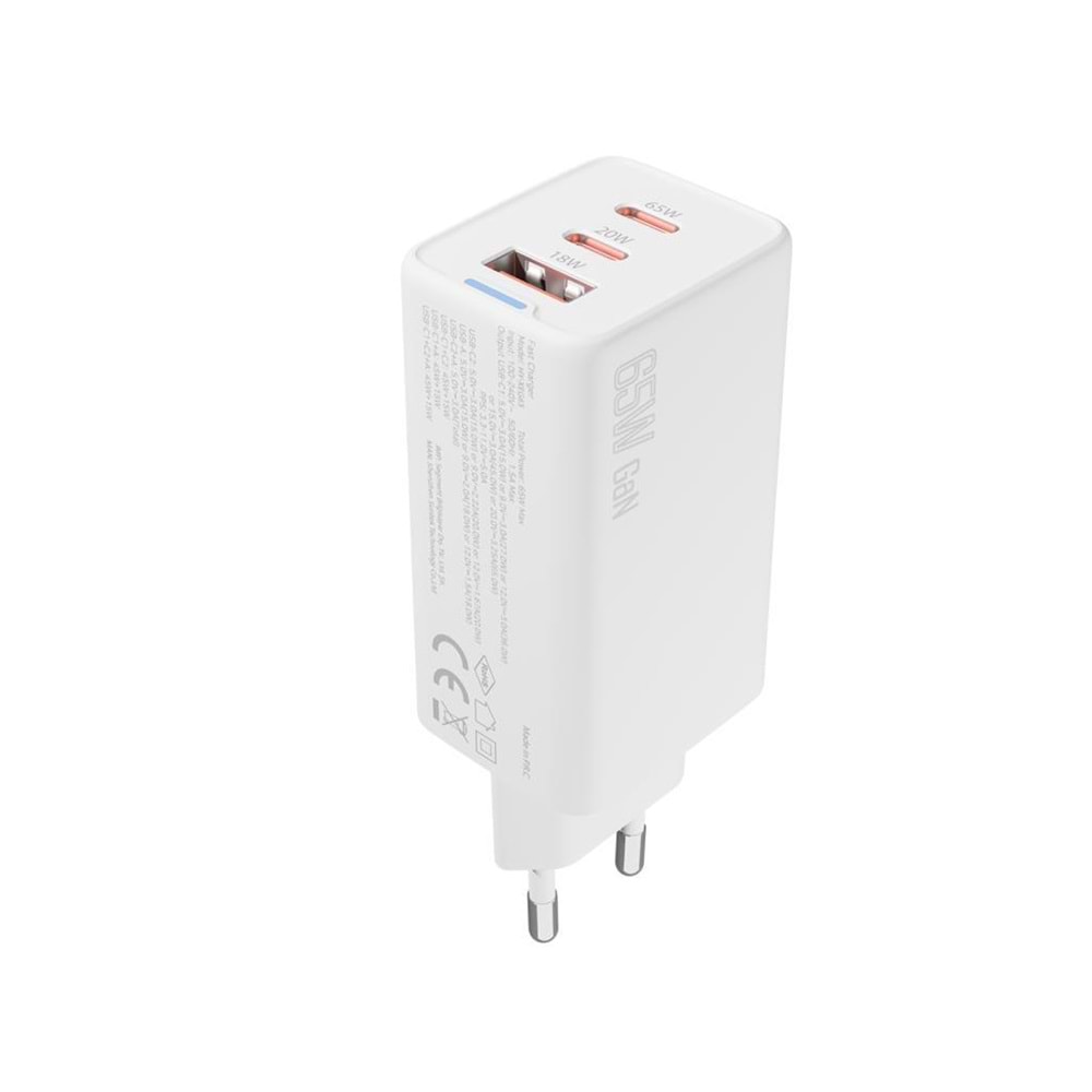 S-link SL-ECG65 2*USB-C + USB-A GAN PD 65W / QC 18W Type GAN PD/PPS Beyaz EV/NOTEBOOK Şarj Adaptör