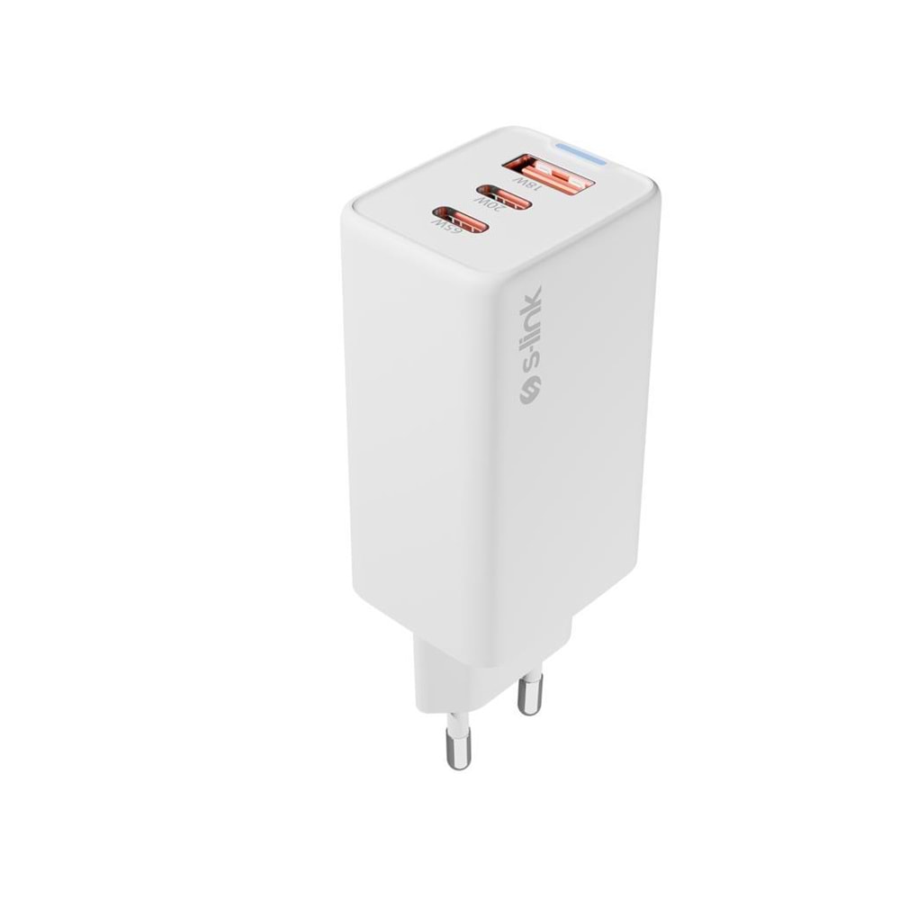 S-link SL-ECG65 2*USB-C + USB-A GAN PD 65W / QC 18W Type GAN PD/PPS Beyaz EV/NOTEBOOK Şarj Adaptör