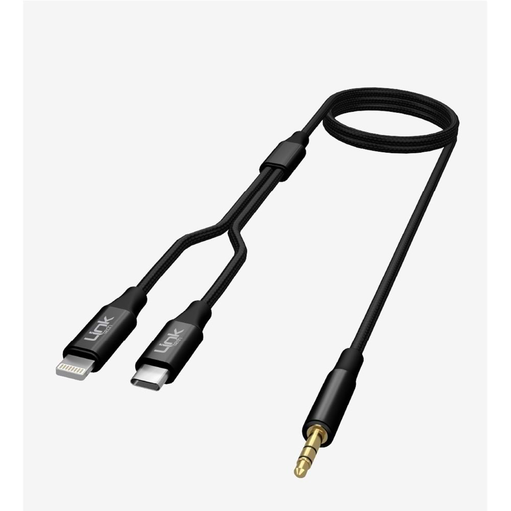 LinkTech A204 2'si 1 Arada AUX Ses Kablosu Type-C ve Lightning'ten 3.5mm Çıkış Çevirici Kablo