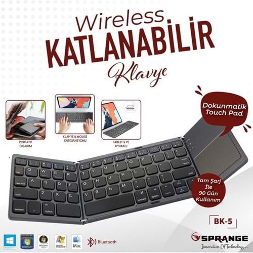 Sprange BK-5 TV, Tablet, PC Uyumlu Kablosuz Bluetooth TouchPad'li Şarj Edilebilir Katlanabilir Kalvye