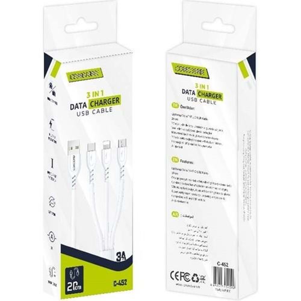 Concord C-452 3 IN 1 Telefon Şarj Kablosu 20cm 5V 3A (Lightning, Type C, Micro USB)