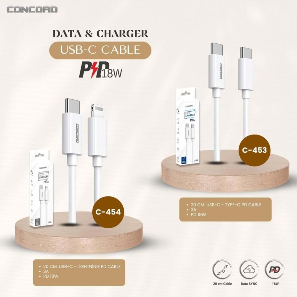 Concord C-453 18W TYPE-C to TYPE-C 20CM Powerbank Kablosu