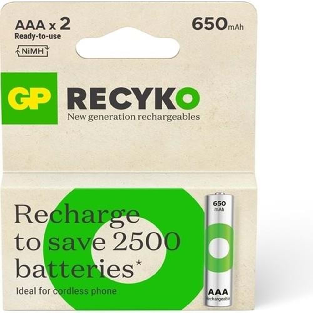 GP 2'li ReCyko 650 Serisi NiMH AAA İnce Kalem Boy Şarjlı Pil(GP65AAAHCEMTR-2GB2)