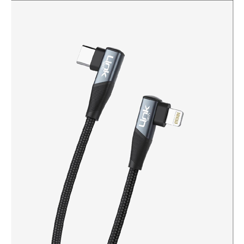 LinkTech K596 Siyah Örgülü Dirsekli Metal Başlı 150cm Lightning Type-C 30W Şarj Kablosu