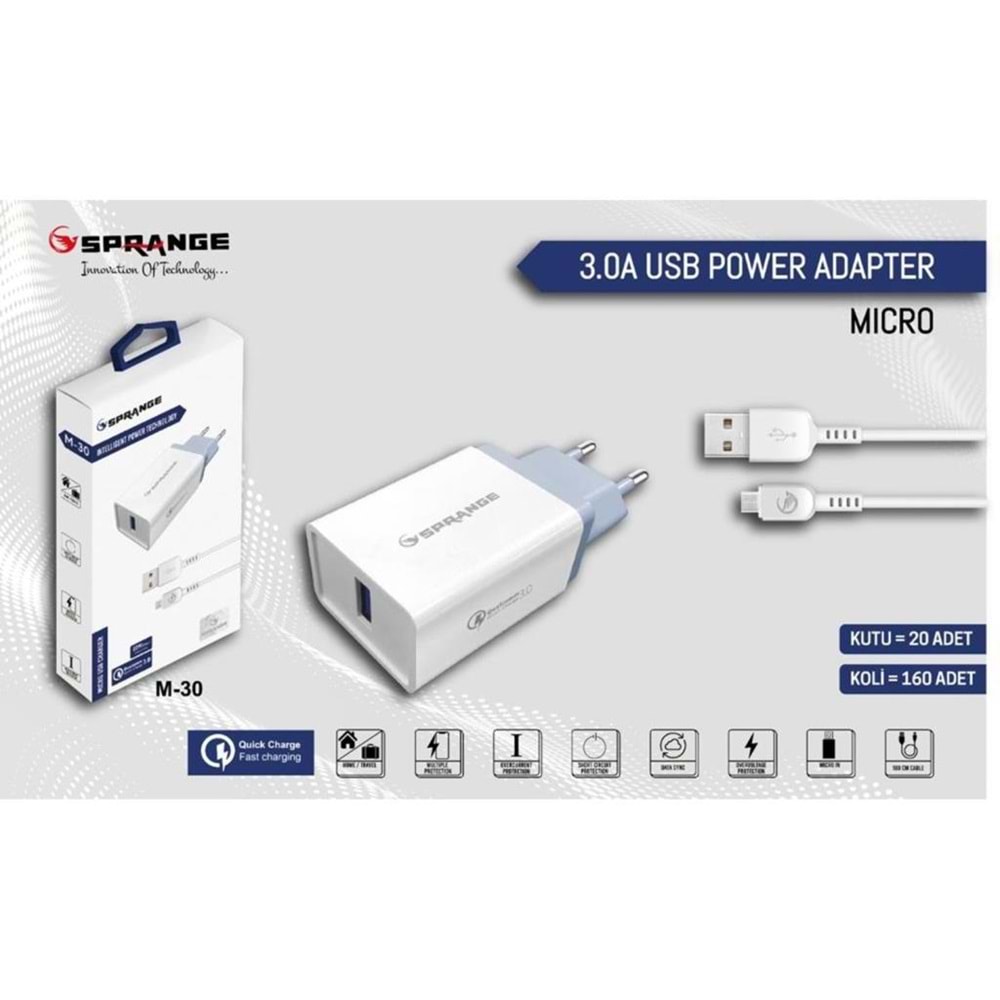 Sprange M-30 23W 5V 3A QC3.0 Micro USB Telefon Şarj Aleti Seti Beyaz