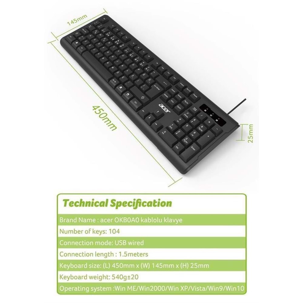 Acer OAK-0A0 Siyah Kablolu Sessiz Tuşlu Türkçe Q Klavye