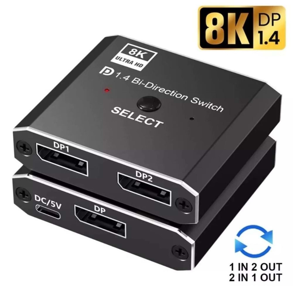 NBTech NB-4284 8K DisplayPort Kumandalı Çift Yönlü Çoklayıcı Switch Splitter (2 PC-1 Monitör)