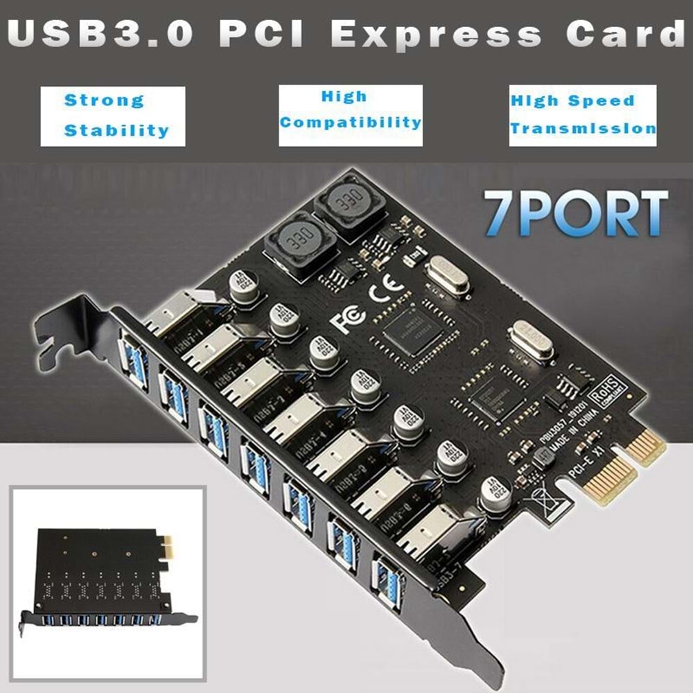 NBTech NB-4899 7 Port USB Hub, PCI Expres USB3.0 Kart 7 Port Çoklayıcı, PCI ex USB3.0 Çoklayıcı Kart (Win7/8/10/11, Linux, MacOs)