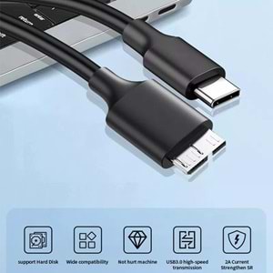 NBTech NB-5240 0.5 Metre TYPE C to Micro USB B Kablo, 50 CM Type C Harici Harddisk kablosu, Type C Micro b Kablo, Type C USB b Kablo