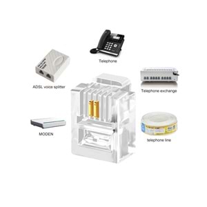 NBTech NB-6P2C RJ11 2 pinli konnektör, RJ11 Jack, 6P2C Jack, RJ11 Telefon Kablo Ucu 100 lü Paket