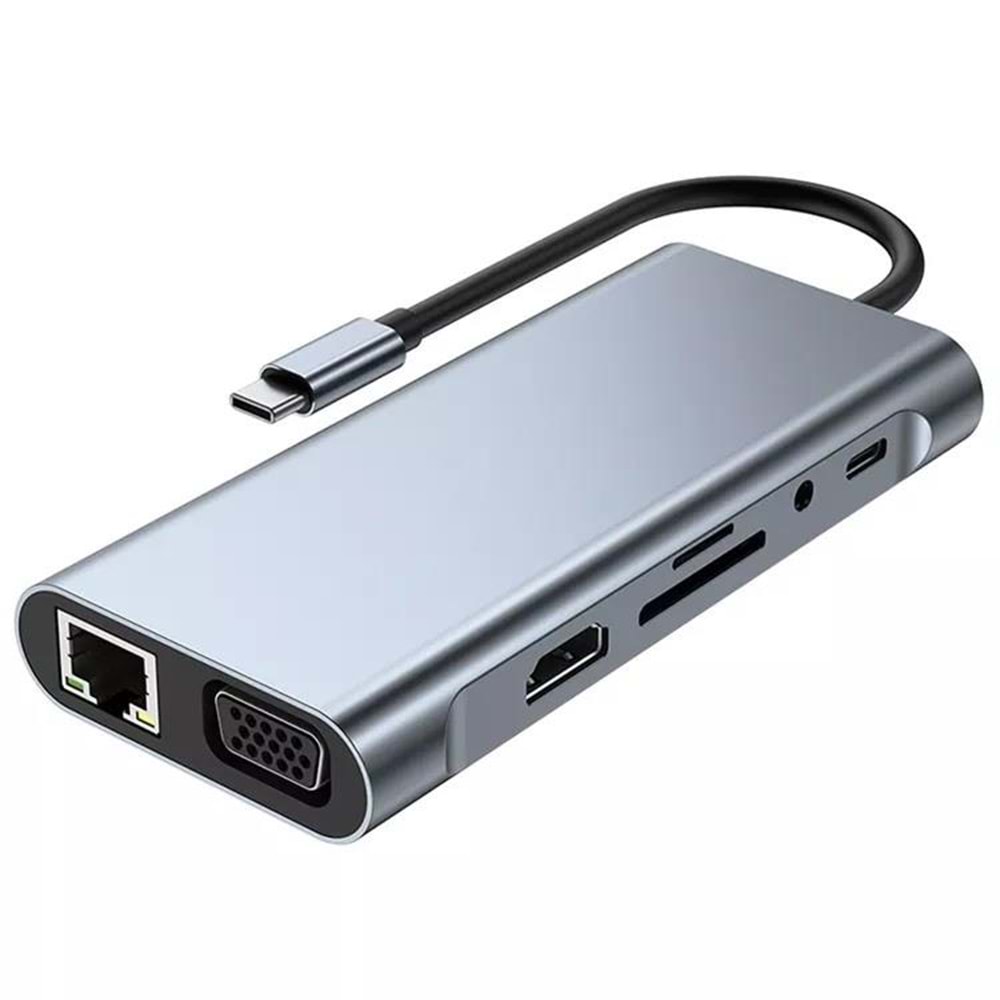 NBTech NB-U525 11 in 1 Macbook, Ultrabook Type C Docking, Type C to 4K@30Hz Gri Metal PD Charge, HDMI, VGA, Audio SD/TF Card, USB3.0, RJ45 Type C Adaptör